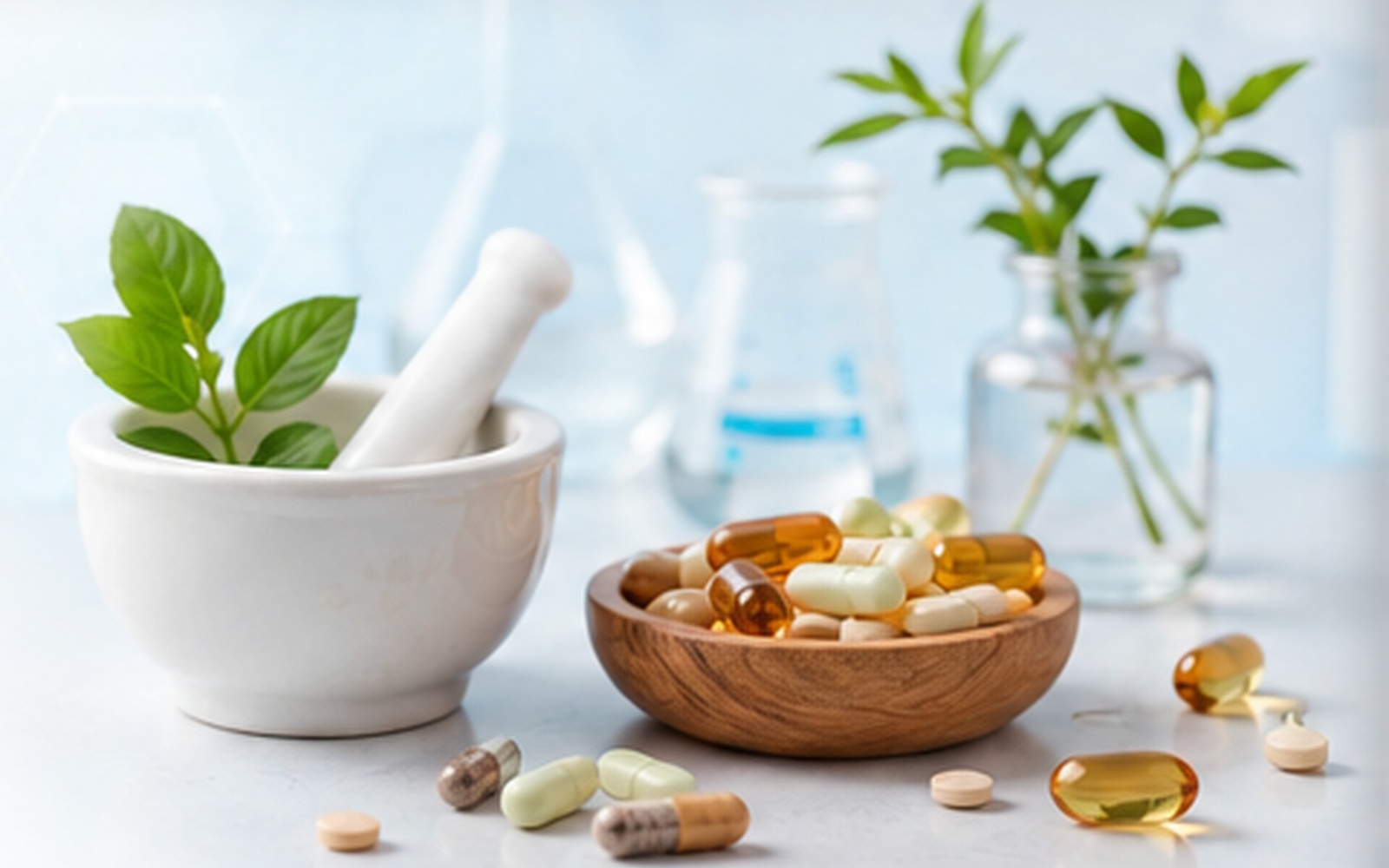 Healthcare laboratory scene with capsules, tablets, plants and glassware